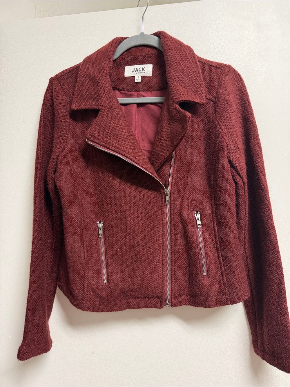 Jack by BB Dakota Textured Knot Tweed Wine Burgundy Red Moto Jacket Small